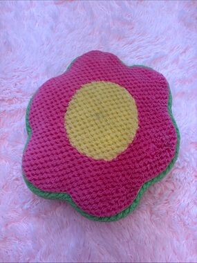 Bright Pink Flower Cushion with Yellow Center and Green Edge